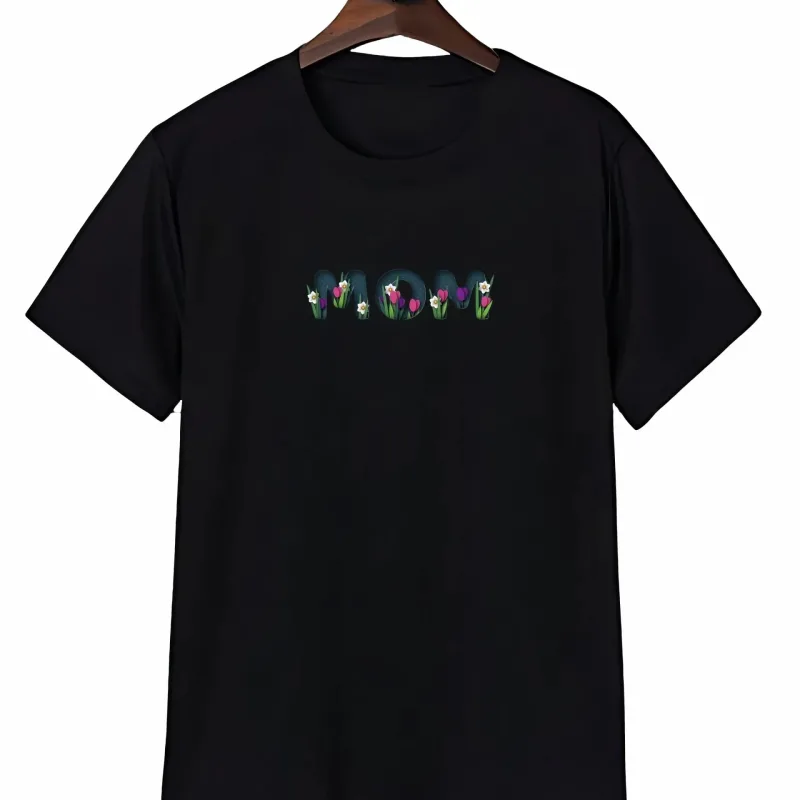 Femea Neagra Oversize Guler Bicicleta Floare Printat Tricou