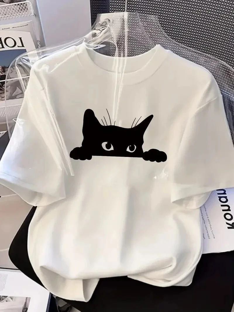 Kadın Beyaz Oversize Kedi Grafik Baskılı Nefes Alabilen Tişört