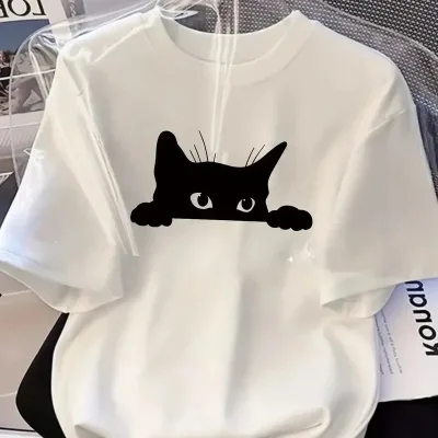 Dámske biele oversize tričko s potlačou mačky, priedušné 1