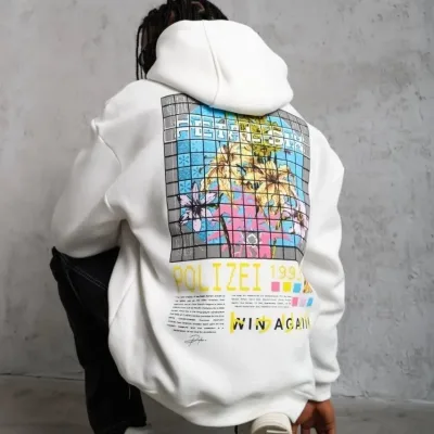 Men's White Oversize 3-Thread Cotton Hooded Printed Sweatshirt 4