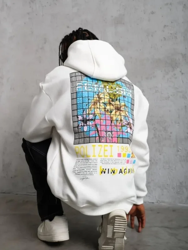 Men's White Oversize 3-Thread Cotton Hooded Printed Sweatshirt 4