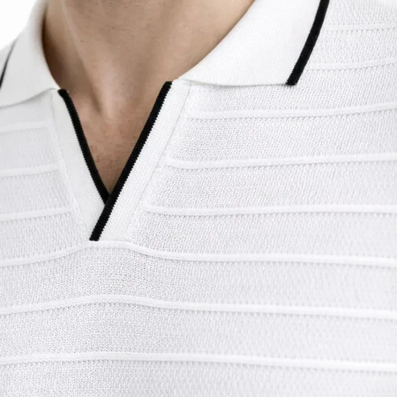 Men's White Woven Knit Buttonless Polo Neck Short Sleeve T-Shirt