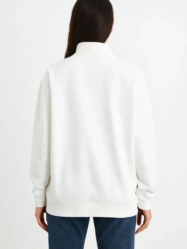 Női Fehér Félcipzáras Állógalléros 3 Szálas Pamut Sweatshirt 2