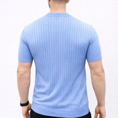 Men's Baby Blue Ribbed Mandarin Collar Short Sleeve Knit T-Shirt 2