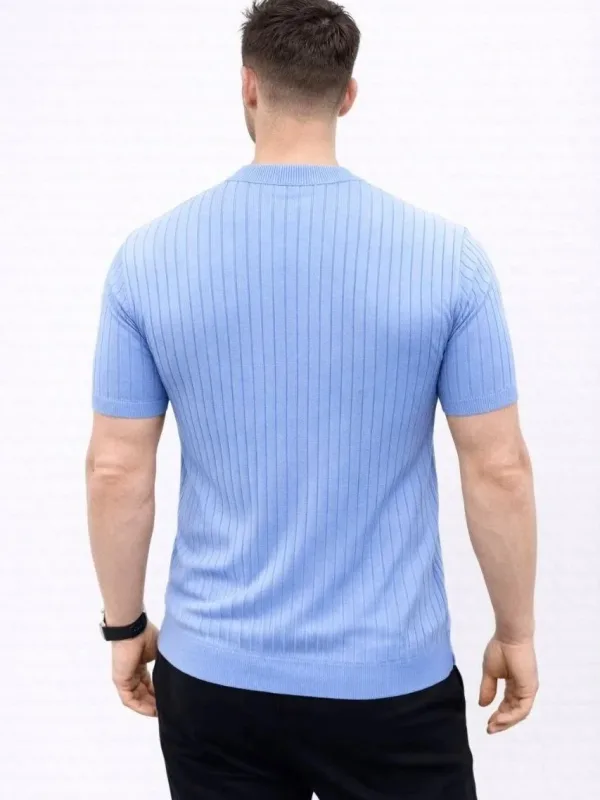 Men's Baby Blue Ribbed Mandarin Collar Short Sleeve Knit T-Shirt 2