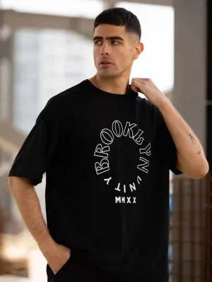 Kişi Qara Regular Fit Bisiklet Yaka Baskılı T-shirt