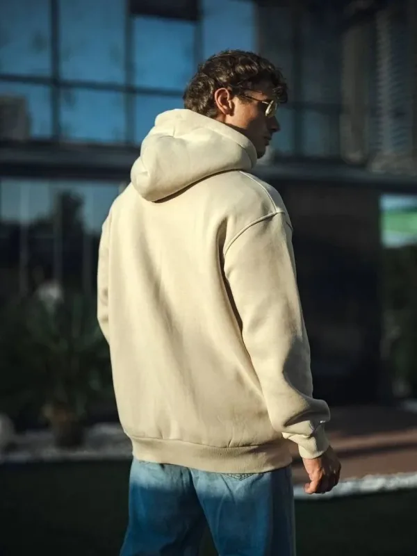 Γυναικείο Μπεζ Oversize 3-κλωνο Βαμβακερό Φούτερ με Τσέπη Κάγκουρο και Κουκούλα 2