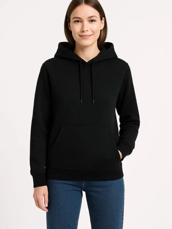 Női Fekete 3 Szálas Pamut Kapucnis Kenguru Zsebes Sweatshirt 1