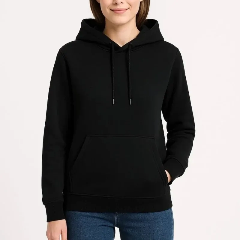 Női Fekete 3 Szálas Pamut Kapucnis Kenguru Zsebes Sweatshirt