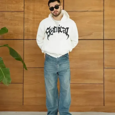Barbat Alb Oversize Fermoar Glugă Imprimeu Bumbac Sweatshirt 5