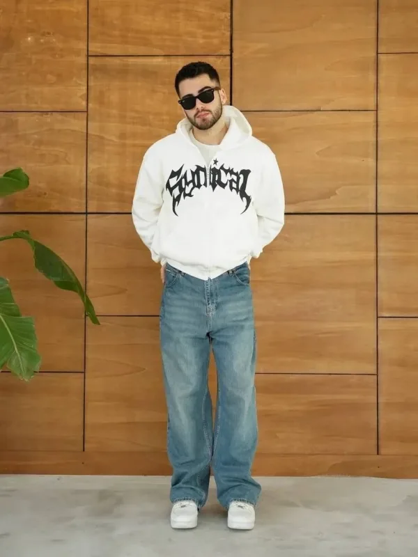 Barbat Alb Oversize Fermoar Glugă Imprimeu Bumbac Sweatshirt 5