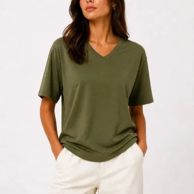 Femeie Khaki Regular Decolteu V Mânecă Scurtă Tricou Basic 3