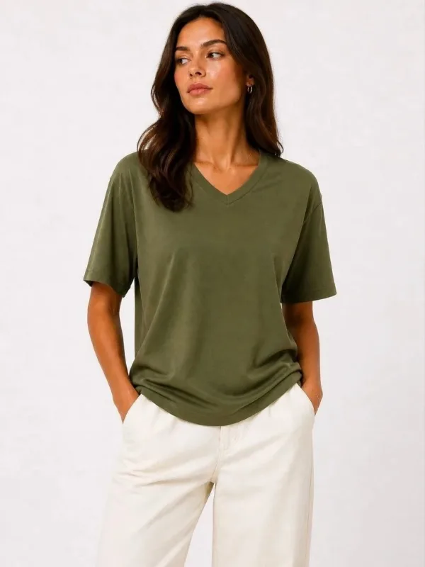 Femeie Khaki Regular Decolteu V Mânecă Scurtă Tricou Basic 3