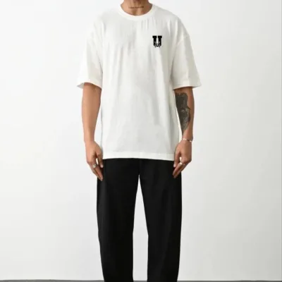 Машка бела oversize бициклистичка јака печатена маица 1