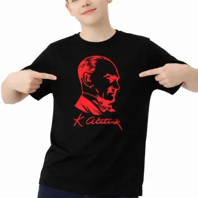 Dečija Crna Ataturk Print Okrugli Izrez Majica 1