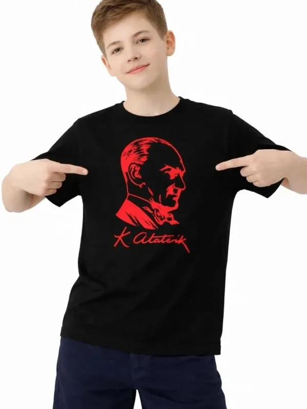 Dečija Crna Ataturk Print Okrugli Izrez Majica 1