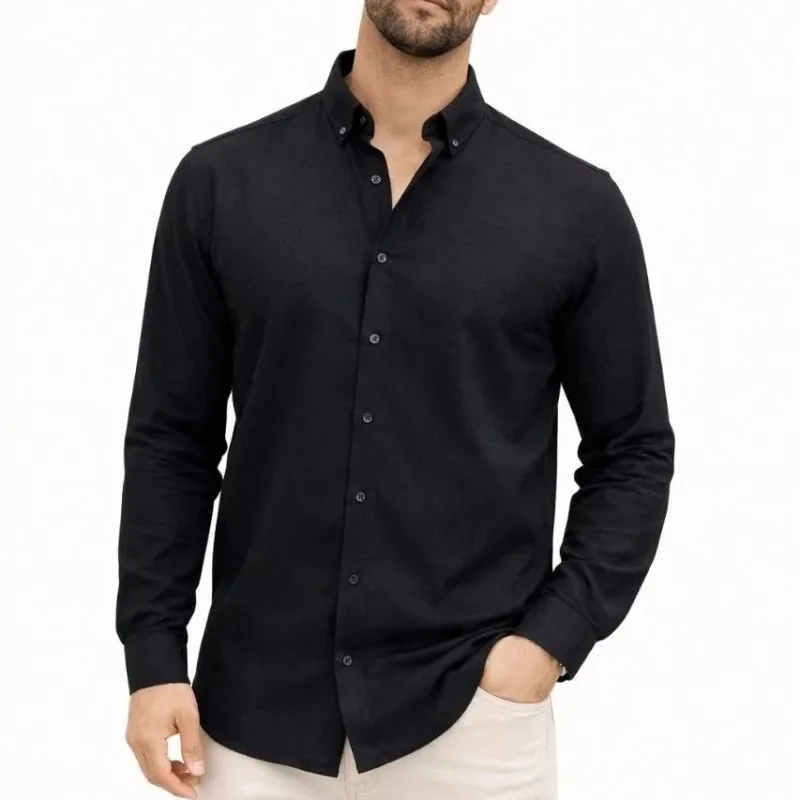 Men's Black Regular Fit Long Sleeve Linen Shirt