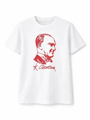 Dečija Bela Okrugli Izrez Ataturk Print Kratki Rukav Majica