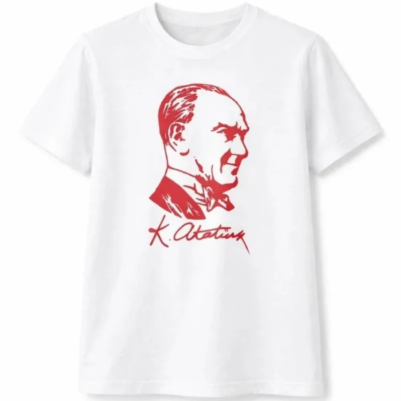Dečija Bela Okrugli Izrez Ataturk Print Kratki Rukav Majica