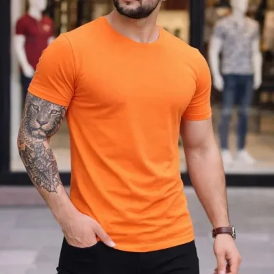 Pánsky oranžový slim fit bicyklový elastický body tričko 3