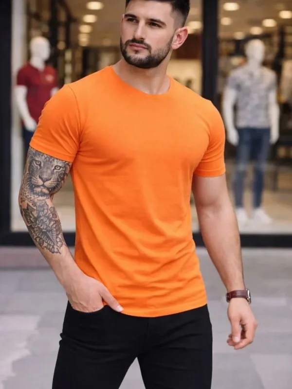 Pánsky oranžový slim fit bicyklový elastický body tričko 3