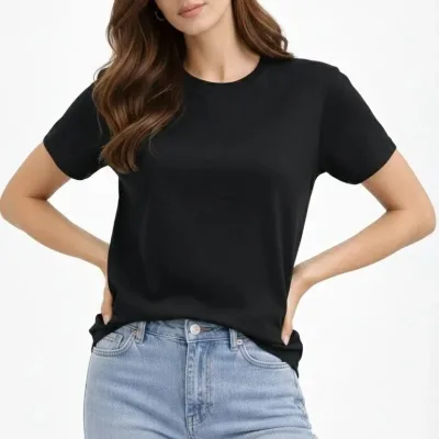 Damski czarny regular T-shirt z dekoltem w serek, krótki rękaw, gładki 3