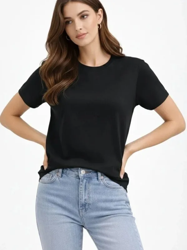 Damski czarny regular T-shirt z dekoltem w serek, krótki rękaw, gładki 3