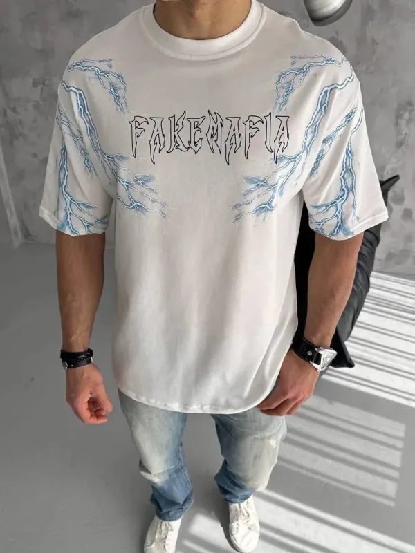 Fehér Oversize Kerékpárnyakú Villám Nyomott Póló 1