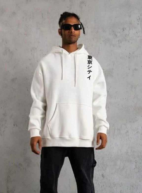 Burrë i bardhë Oversize 3 fije pambuk të printuar me kapuç Sweatshirt