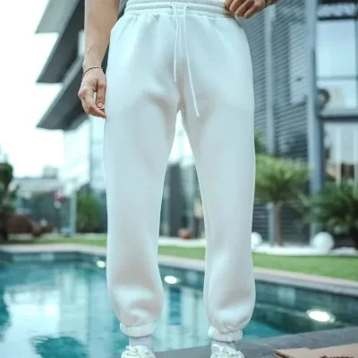 Men's White 3-Thread Cotton Elastic Cuffed Pocket Sweatpants 4
