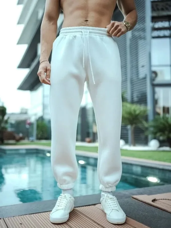 Men's White 3-Thread Cotton Elastic Cuffed Pocket Sweatpants 4