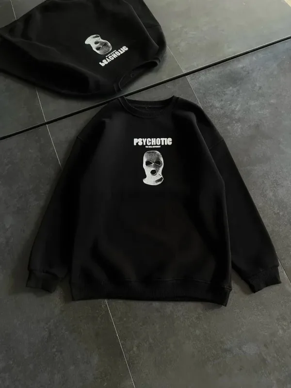 Damski Czarny Oversize Rowerowy Kołnierz Nadruk Gruby Sweatshirt 2