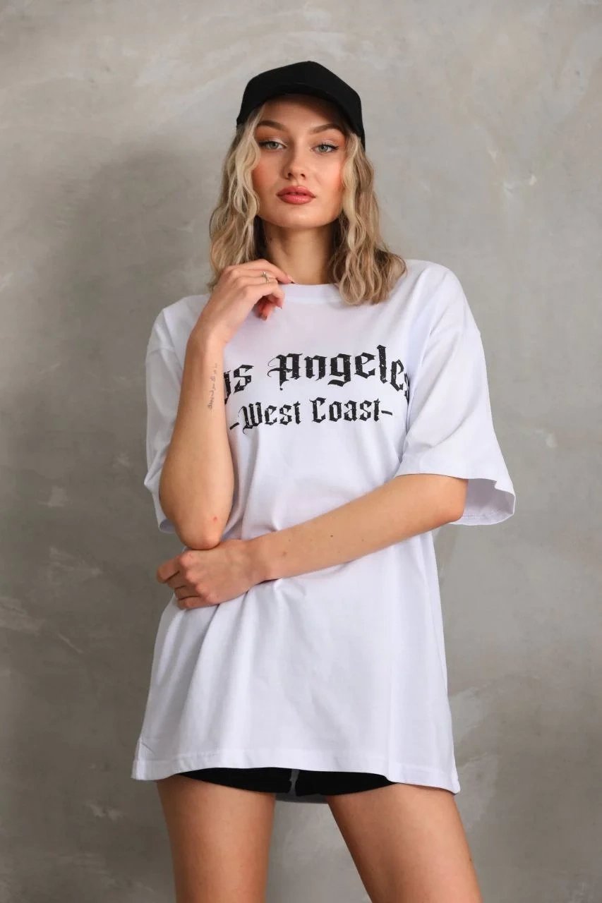 Γυναικείο Λευκό Oversize Στρογγυλό Λαιμό Τυπωμένο T-Shirt 5