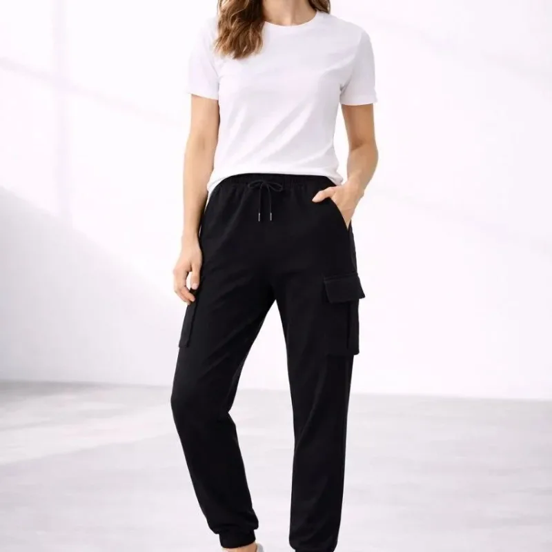 Women's Black Cargo Pocket Jogger Elastic Cuff Sport Pants