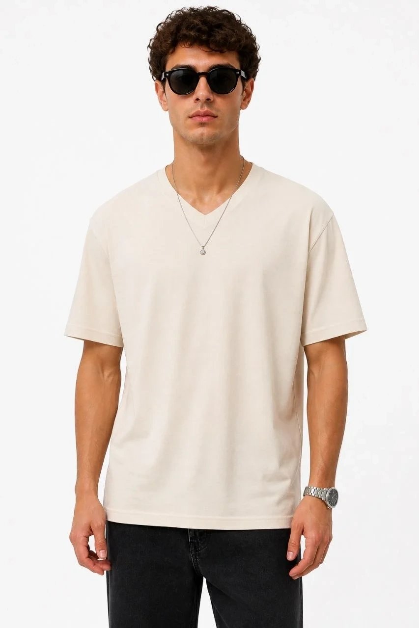 Ανδρικό Μπεζ Regular Fit V Λαιμό Κοντό Μανίκι Basic Μπλουζάκι 3