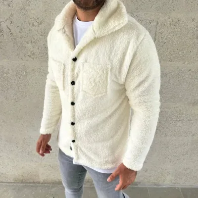Men's White Shirt Collar Plush Polar Cardigan Buttoned with Pockets 2