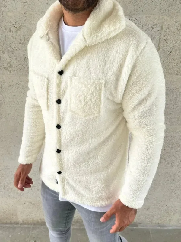 Men's White Shirt Collar Plush Polar Cardigan Buttoned with Pockets 2
