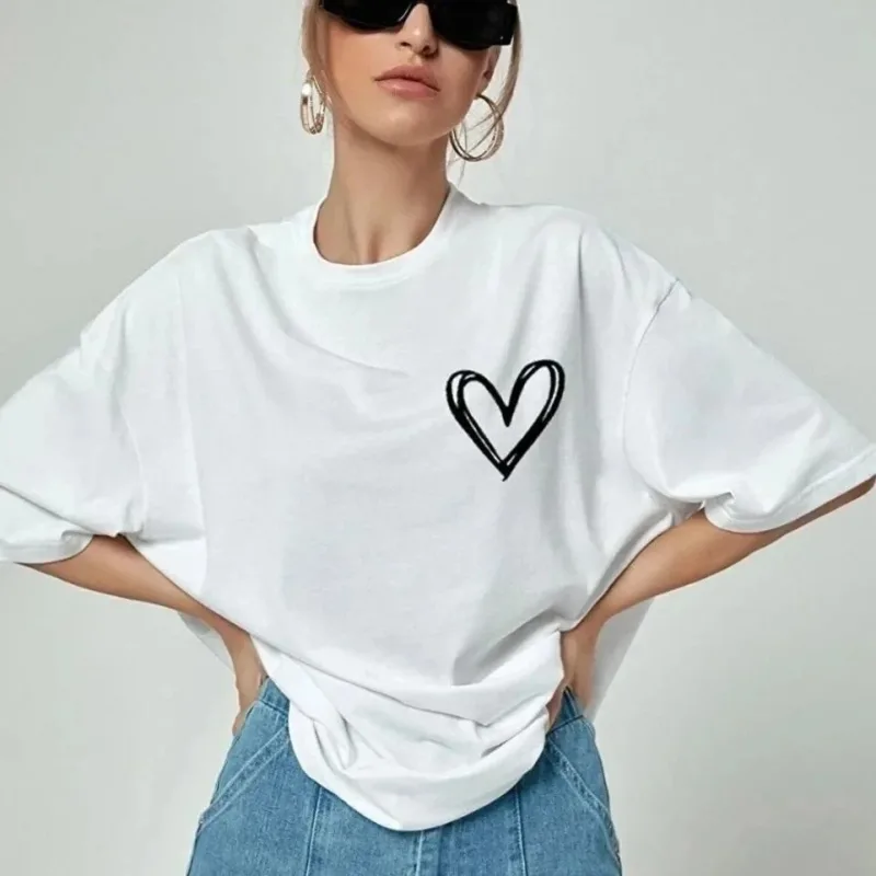 Damski biały oversize rowerowy kołnierz z nadrukiem T-shirt