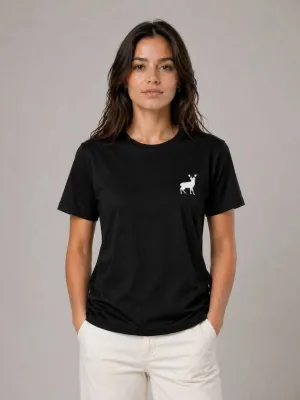 Qadın Qara Velosiped Yaxalı Minimal Maral Loqolu Qısa Qol T-Shirt