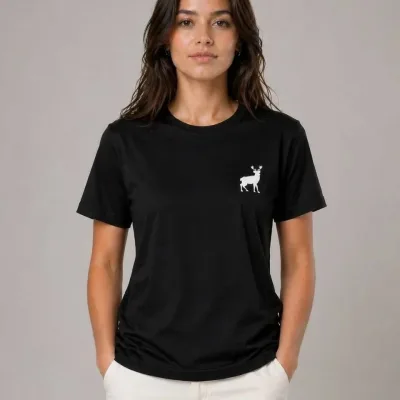 Qadın Qara Velosiped Yaxalı Minimal Maral Loqolu Qısa Qol T-Shirt 1