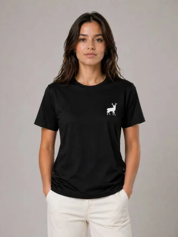 Qadın Qara Velosiped Yaxalı Minimal Maral Loqolu Qısa Qol T-Shirt 1