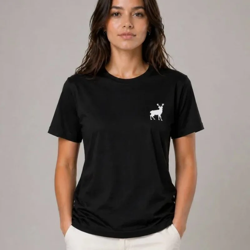 Qadın Qara Velosiped Yaxalı Minimal Maral Loqolu Qısa Qol T-Shirt