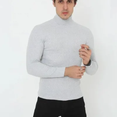 Pánské šedé slim fit lycrové žebrované rolák body 3