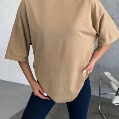 Kobiecy Beżowy Oversize Rowerowy Kołnierz Gładki Krótki Rękaw T-shirt 4