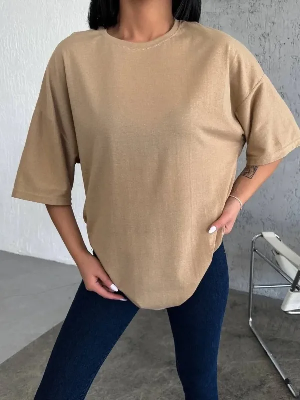 Kobiecy Beżowy Oversize Rowerowy Kołnierz Gładki Krótki Rękaw T-shirt 4