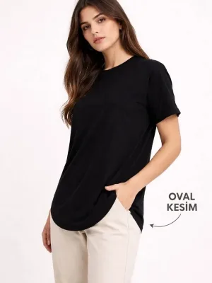 Kobiecy Czarny Owalny Krój Rowerowy Kołnierz Basic T-shirt