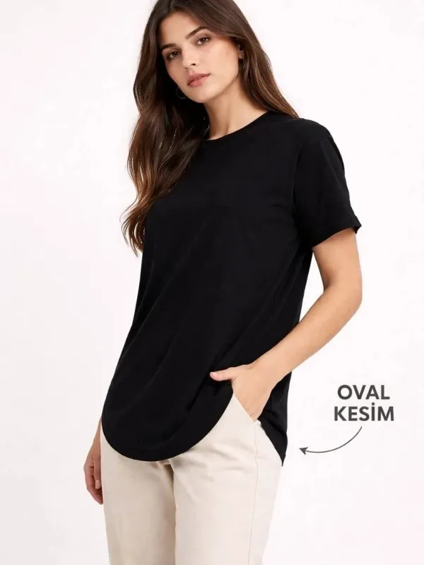 Kobiecy Czarny Owalny Krój Rowerowy Kołnierz Basic T-shirt 1