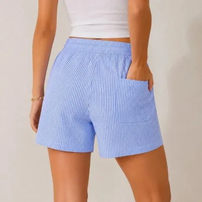 ქალის ლურჯი Regular Fit წყლის გზის ზოლიანი ჯიბიანი ელასტიური წელის საზაფხულო შორტი 3