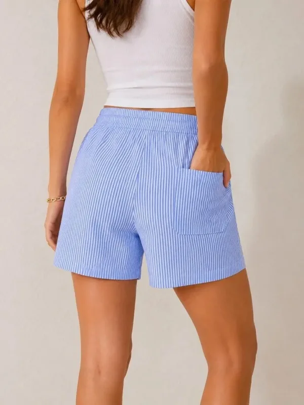 ქალის ლურჯი Regular Fit წყლის გზის ზოლიანი ჯიბიანი ელასტიური წელის საზაფხულო შორტი 3