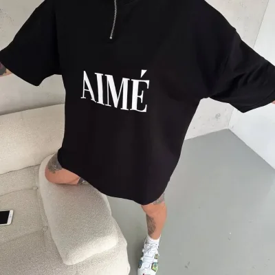 Dámske čierne polovičný zips potlač tričko 2